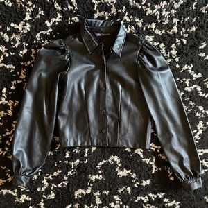 Black leather button up with princess shoulder sleeves